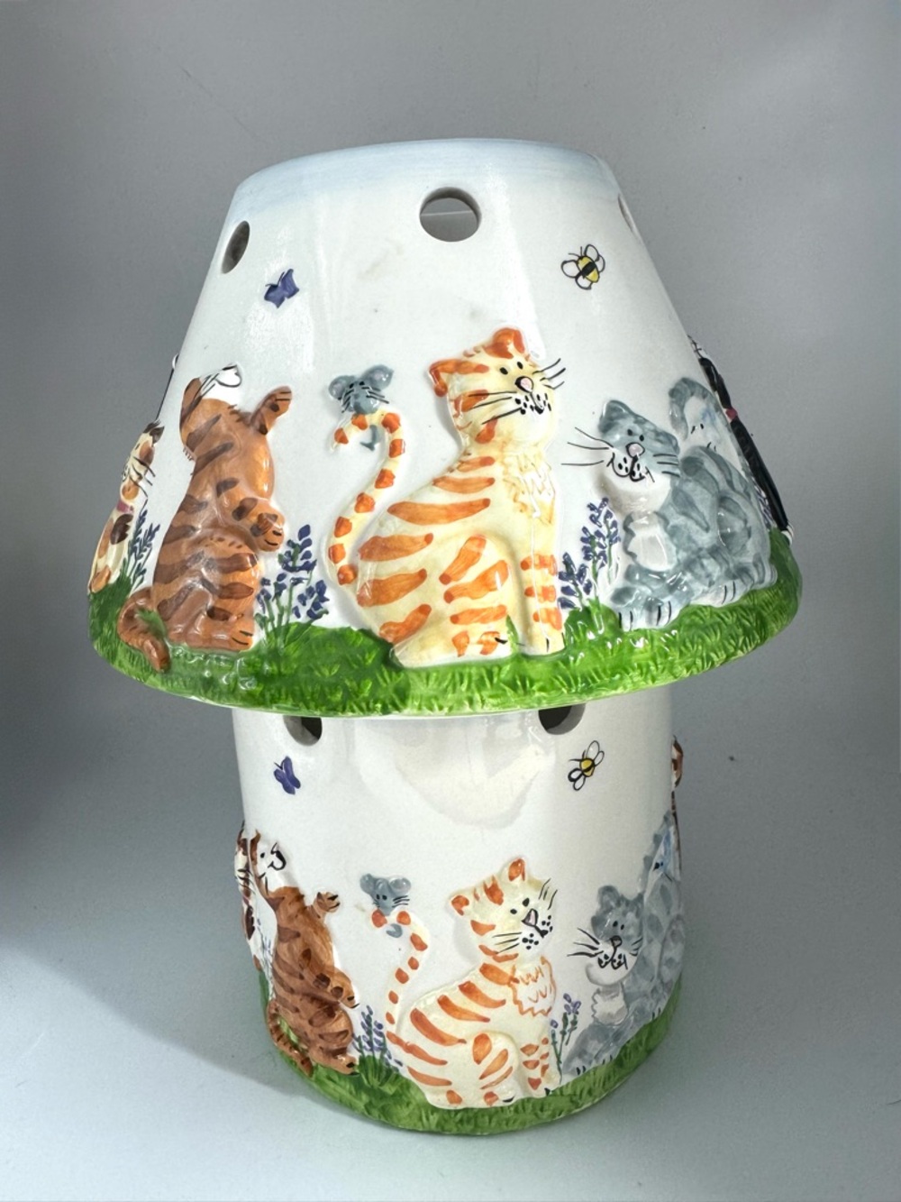 Hand-Painted Ceramic Cat Mushroom Lamp Accent - Orange, Gray, Brown